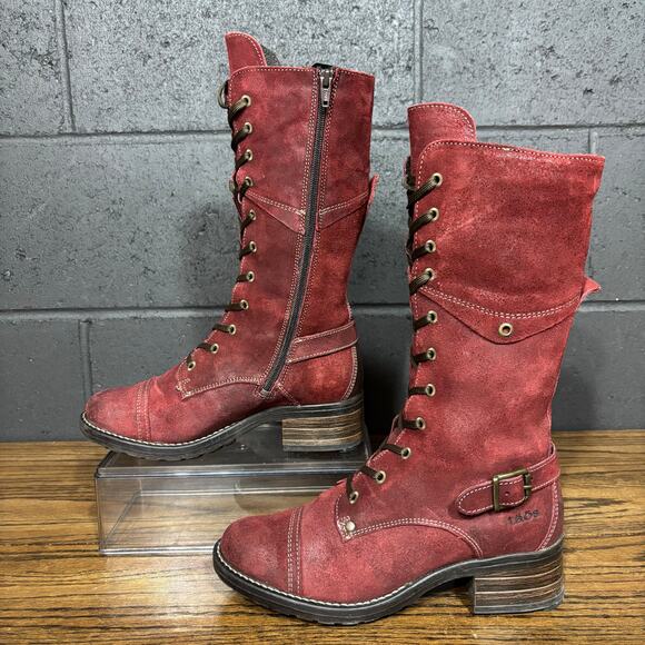 Taos Shoes - Taos Tall Crave Garnet Red Suede Lace Up Boots EU 38 US 7.5 Buckle